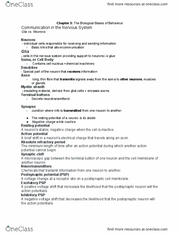 PSYC 1020H Chapter Notes - Chapter 3: Postsynaptic Potential, Axon Terminal, Myelin thumbnail