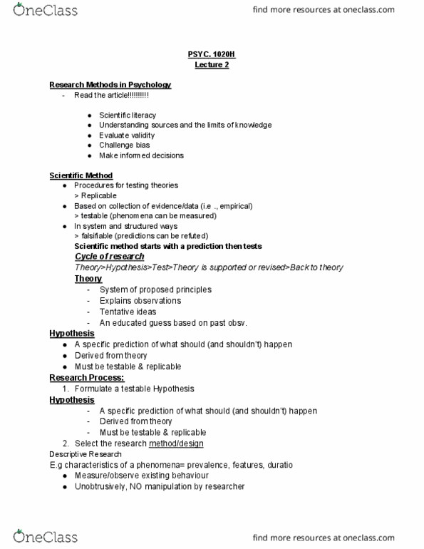 PSYC 1020H Lecture Notes - Lecture 2: Scientific Literacy, Falsifiability, Demand Characteristics thumbnail