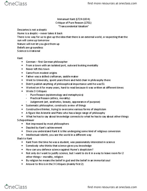 PHIL 1000H Chapter Notes - Chapter 3: Transcendental Idealism, Christian Mortalism, Arthur Schopenhauer thumbnail