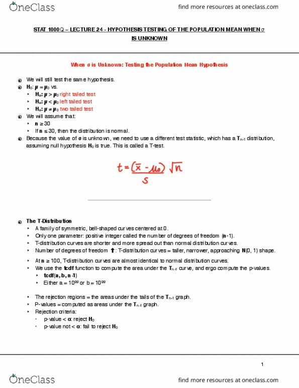 STAT 1000Q Lecture Notes - Lecture 24: Null Hypothesis, Test Statistic thumbnail