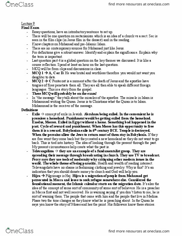 RLGA02H3 Lecture Notes - Lecture 9: Babylonian Captivity, Islamic Calendar, Televangelism thumbnail
