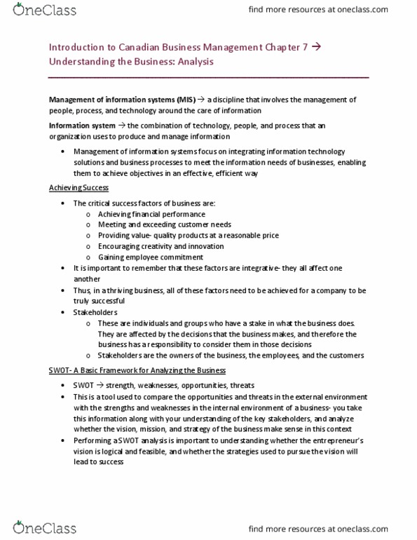 MGMT 2150 Chapter Notes - Chapter 7: Swot Analysis, Canadian Business, Information System thumbnail