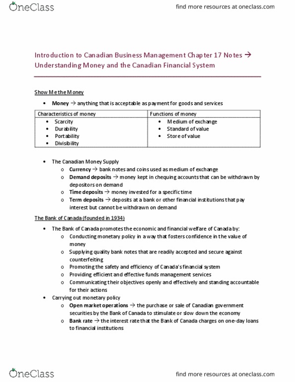 MGMT 2150 Chapter Notes - Chapter 17: Open Market Operation, Money Supply, Canadian Business thumbnail