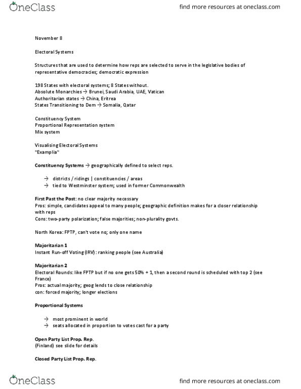 GEOG 316 Lecture Notes - Lecture 16: Instant-Runoff Voting, Westminster System, Proportional Representation thumbnail