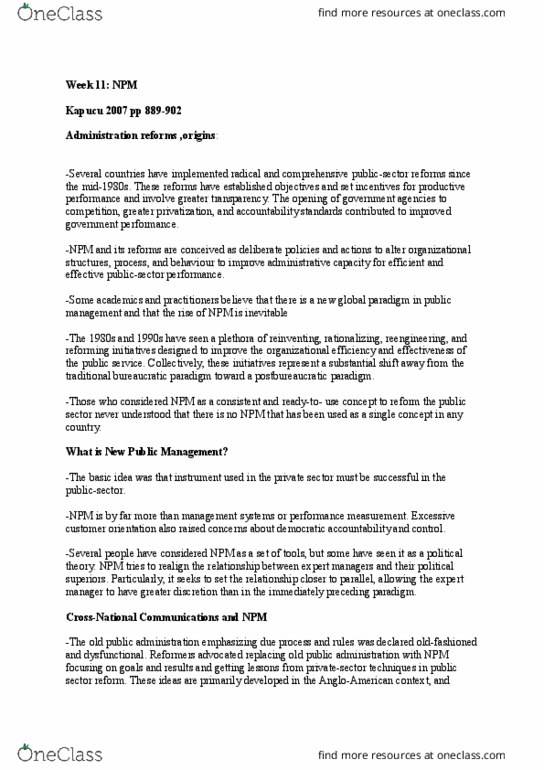 GOVT3987 Chapter Notes - Chapter 11: New Public Management, Kapucu, Management System thumbnail