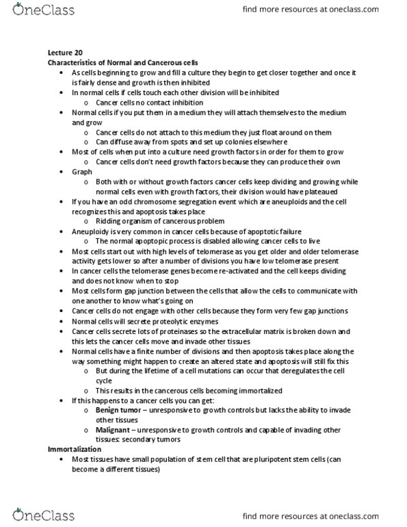 BIOB11H3 Lecture Notes - Lecture 20: Benign Tumor, Gap Junction, Telomerase thumbnail