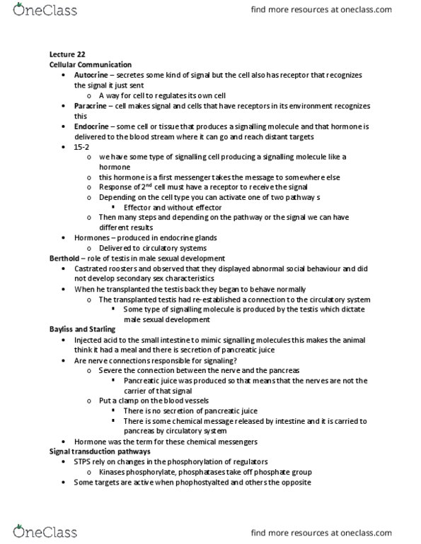 BIOB11H3 Lecture Notes - Lecture 22: Pancreatic Juice, Signal Transduction, Autocrine Signalling thumbnail