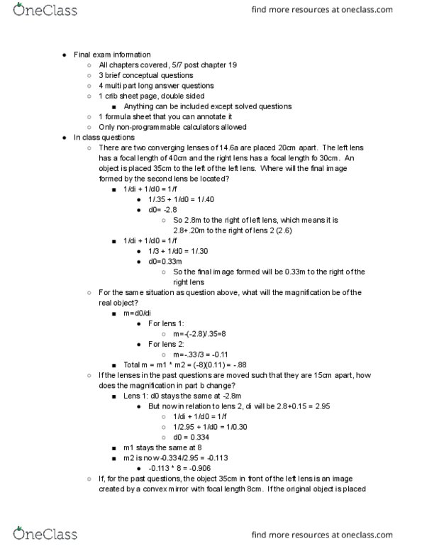 PHYS 102 Lecture Notes - Lecture 27: Cheat Sheet, Curved Mirror cover image