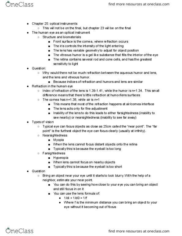 PHYS 102 Lecture Notes - Lecture 28: Vitreous Body, Aqueous Humour, Optical Instrument cover image