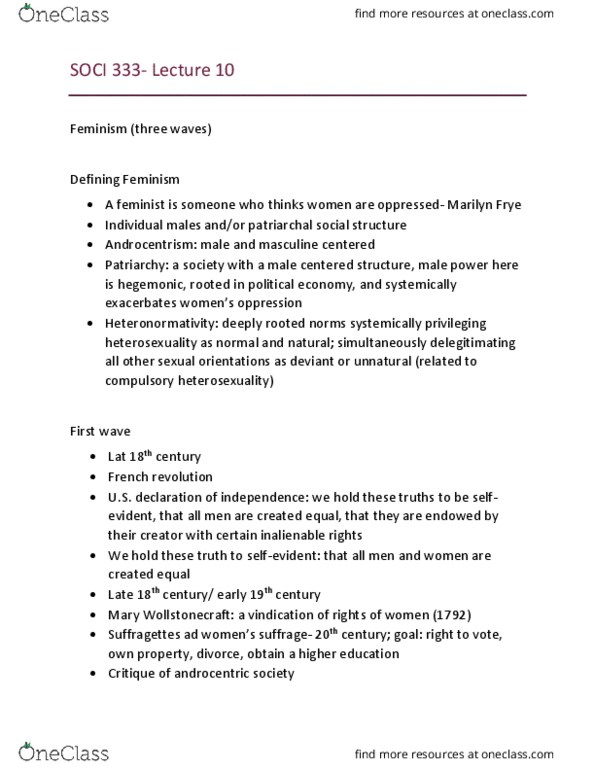 SOCI 333 Lecture Notes - Lecture 10: Marilyn Frye, Mary Wollstonecraft, Androcentrism thumbnail