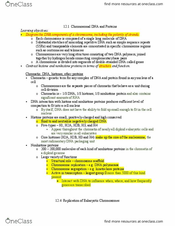 BIOL 2296 Chapter Notes - Chapter 12.1, 12.4: Dna Replication, Chromosome Segregation, Histone H2B thumbnail