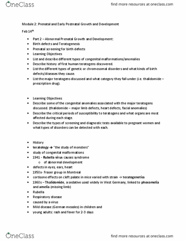 HLTH310 Lecture Notes - Lecture 17: Congenital Rubella Syndrome, Congenital Disorder, Rubella Virus thumbnail