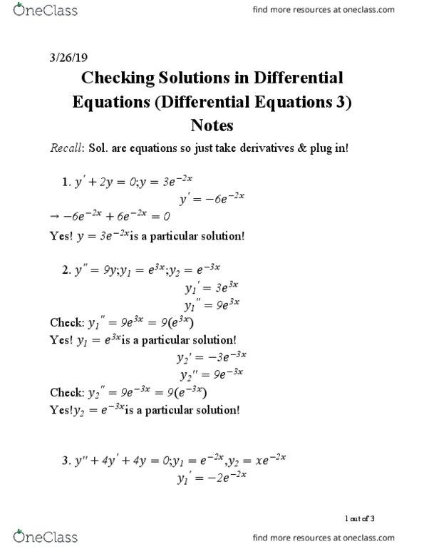 AMTH 106 Chapter 3: Checking Solutions in Differential Equations (Differential Equations 3) Notes thumbnail