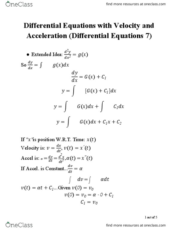 AMTH 106 Chapter 7: Differential Equations with Velocity and Acceleration (Differential Equations 7) thumbnail
