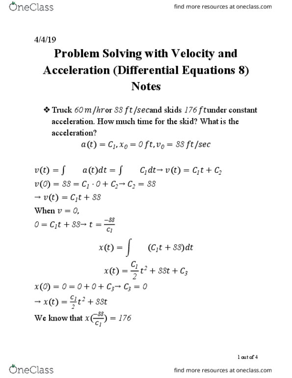 AMTH 106 Chapter 8: Problem Solving with Velocity and Acceleration (Differential Equations 8) Notes thumbnail