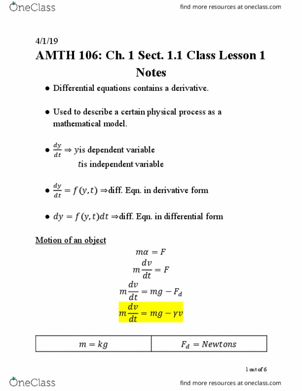 AMTH 106 Lecture Notes - Lecture 1: Differential Form, Slope Field thumbnail