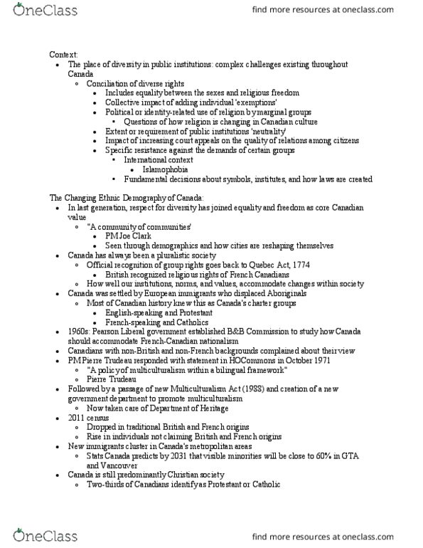 POL214Y1 Lecture Notes - Lecture 16: Pierre Trudeau, Quebec Act, Visible Minority thumbnail