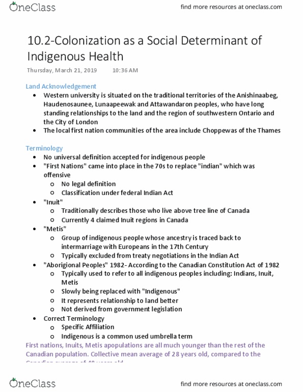 Health Sciences 1002A/B Lecture Notes - Lecture 10: Neutral Nation, Anishinaabe, Iroquois thumbnail