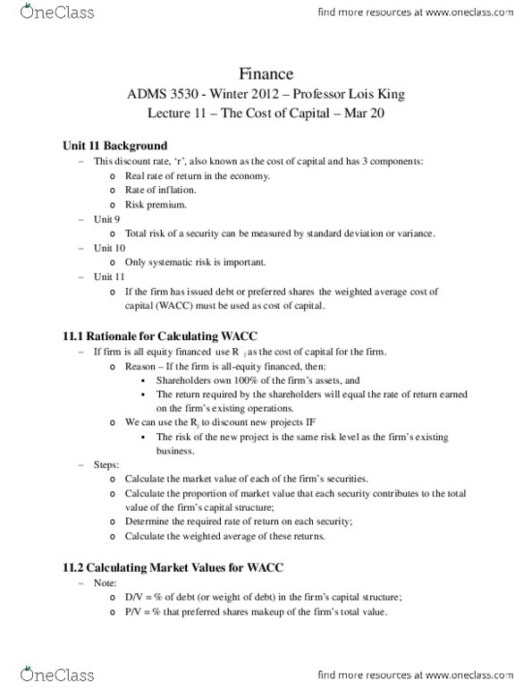 ADMS 3530 Lecture Notes - Capital Asset Pricing Model thumbnail