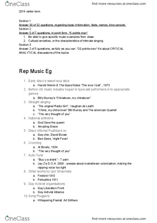 MUS110H1 Study Guide - Spring 2019, Final - The Love I Lost, Gay ...