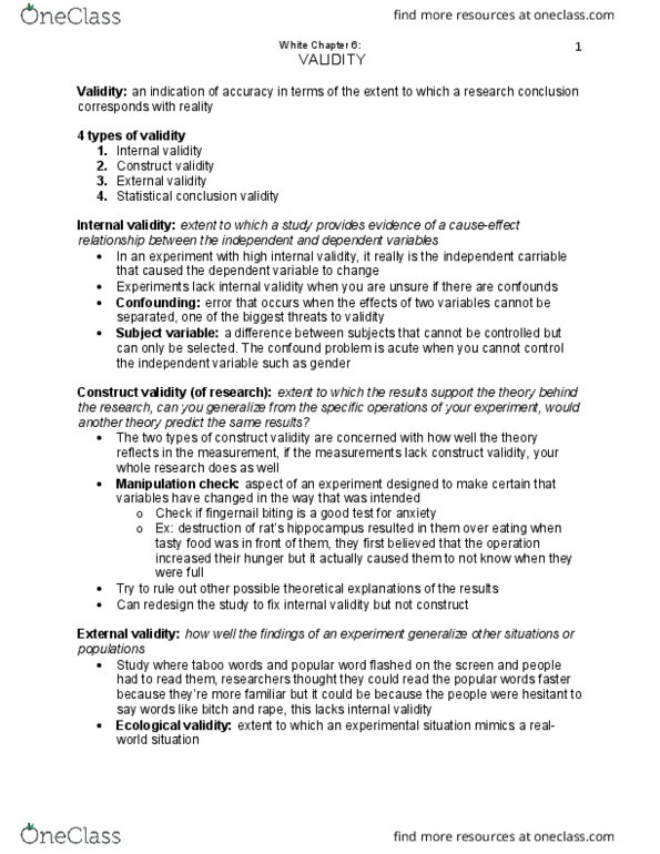 Psychology 2800E Chapter Notes - Chapter 6: Statistical Conclusion Validity, Construct Validity, Ecological Validity thumbnail