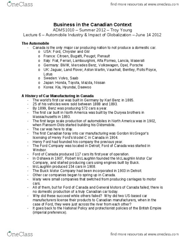 ADMS 1010 Lecture Notes - Mclaughlin Motor Car Company, Russell Motor Car Company, Karl Benz thumbnail