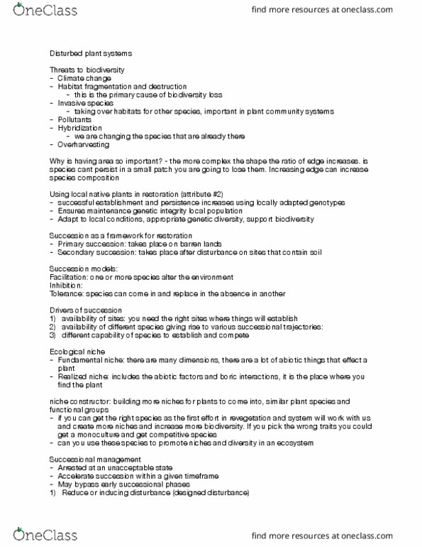 SLSC 350.3 Lecture Notes - Lecture 9: Ecological Niche, Revegetation, Habitat Fragmentation thumbnail