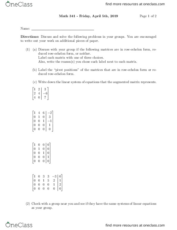 MTH 341 Lecture Notes - Lecture 2: Augmented Matrix, Free Variables And Bound Variables, Solution Set thumbnail