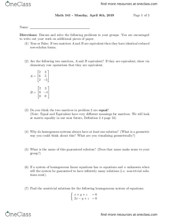 MTH 341 Lecture Notes - Lecture 3: Row Echelon Form, Elementary Matrix, Solution Set thumbnail