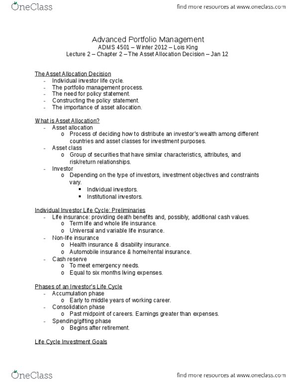 ADMS 4501 Lecture Notes - Variable Universal Life Insurance, Asset Allocation, Vehicle Insurance thumbnail