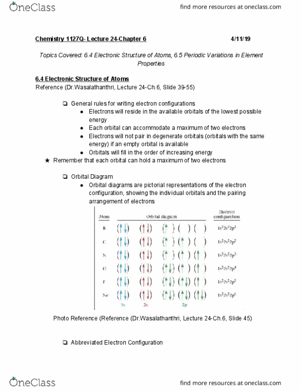 CHEM 1127Q Lecture Notes - Lecture 24: Electron Configuration, Covalent Bond, Valence Electron cover image