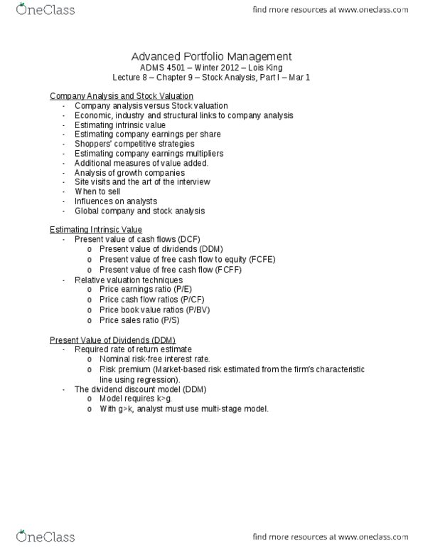 ADMS 4501 Lecture Notes - Stock Valuation, Dividend Discount Model, Risk Premium thumbnail