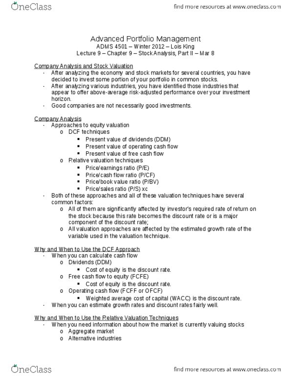 ADMS 4501 Lecture Notes - Dividend Payout Ratio, Free Cash Flow, Operating Cash Flow thumbnail