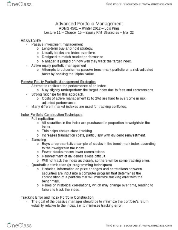 ADMS 4501 Lecture Notes - Tracking Error, Index Fund, Financial Institution thumbnail