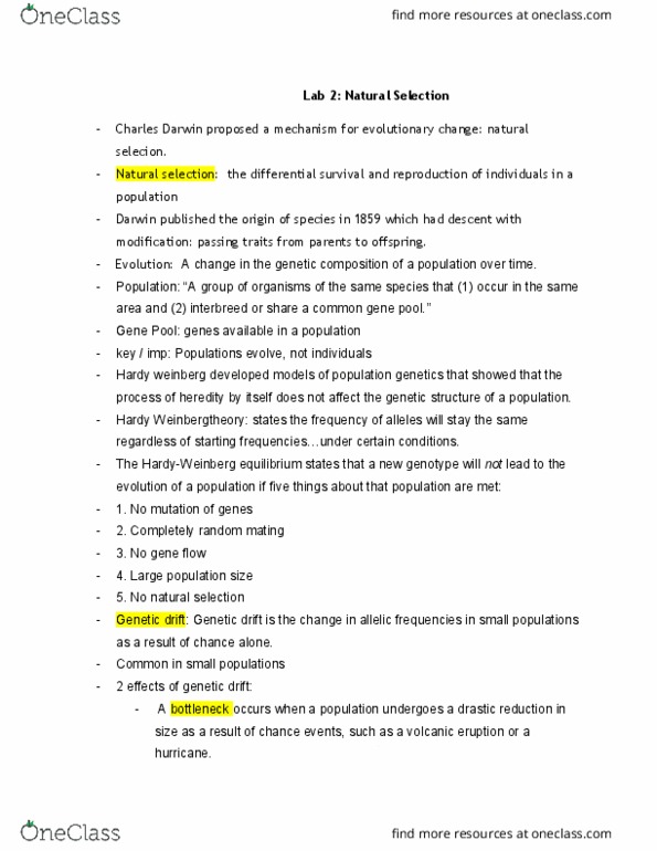 BIO 122 Lecture Notes - Lecture 2: Genetic Drift, Population Genetics, Panmixia thumbnail