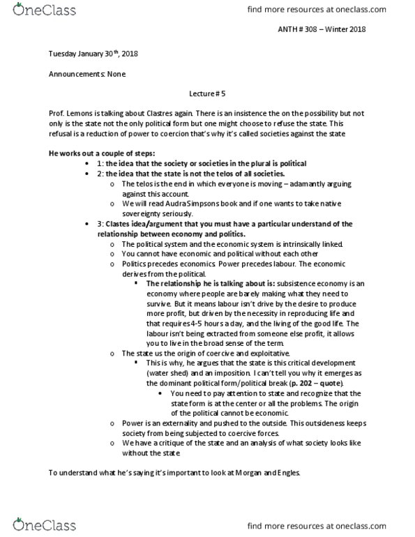 ANTH 308 Lecture Notes - Lecture 5: Clastres, Externality, Nuclear Family thumbnail