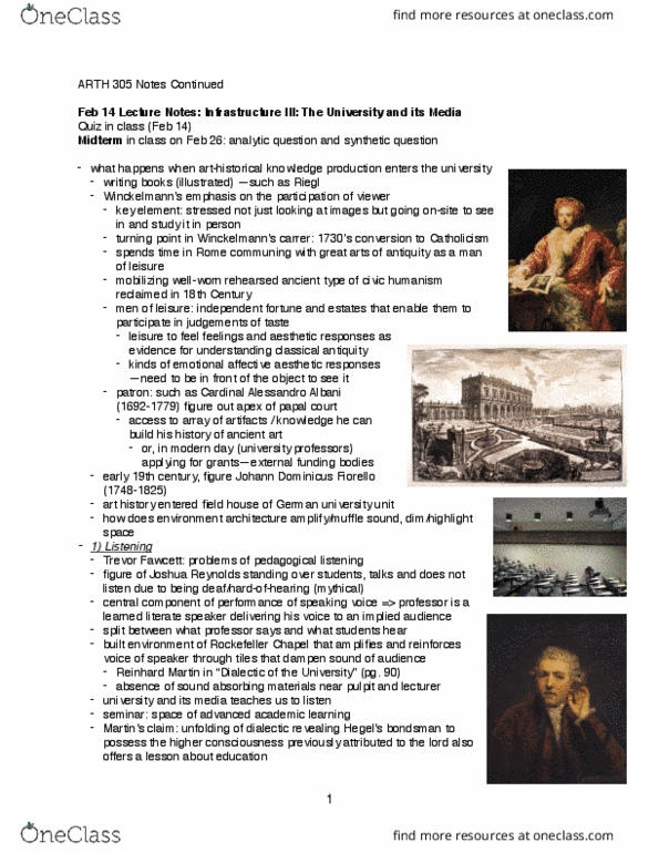 ARTH 305 Lecture Notes - Lecture 14: Alessandro Albani, Joshua Reynolds, Rockefeller Chapel thumbnail