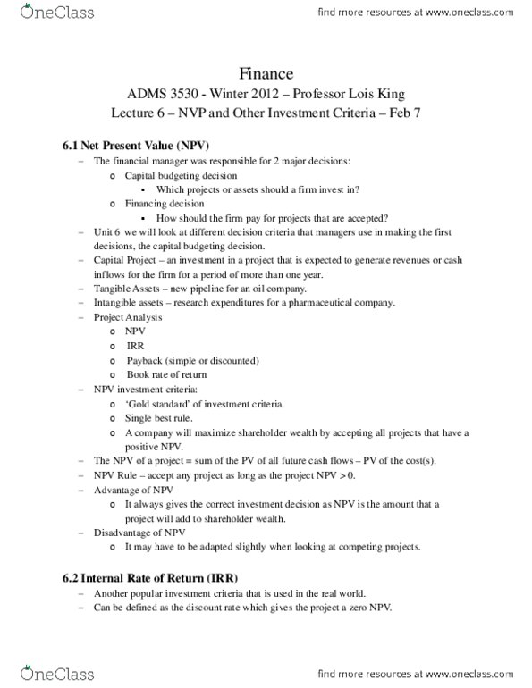 ADMS 3530 Lecture Notes - Net Present Value thumbnail