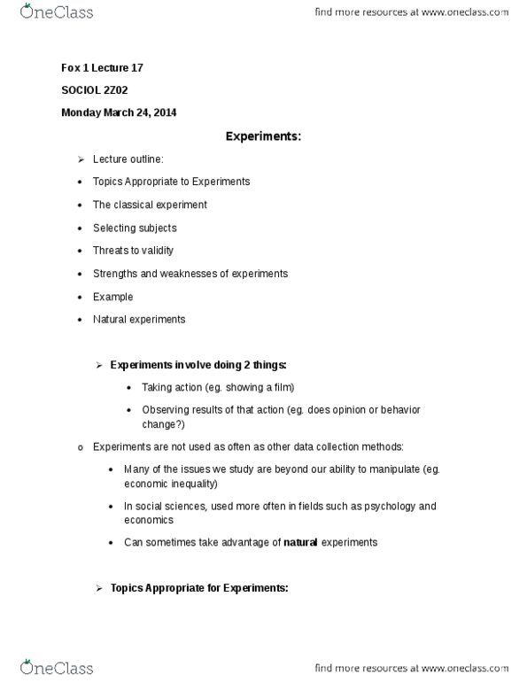 SOCIOL 2Z03 Lecture Notes - Lecture 17: Internal Validity, External Validity, Statistical Hypothesis Testing thumbnail