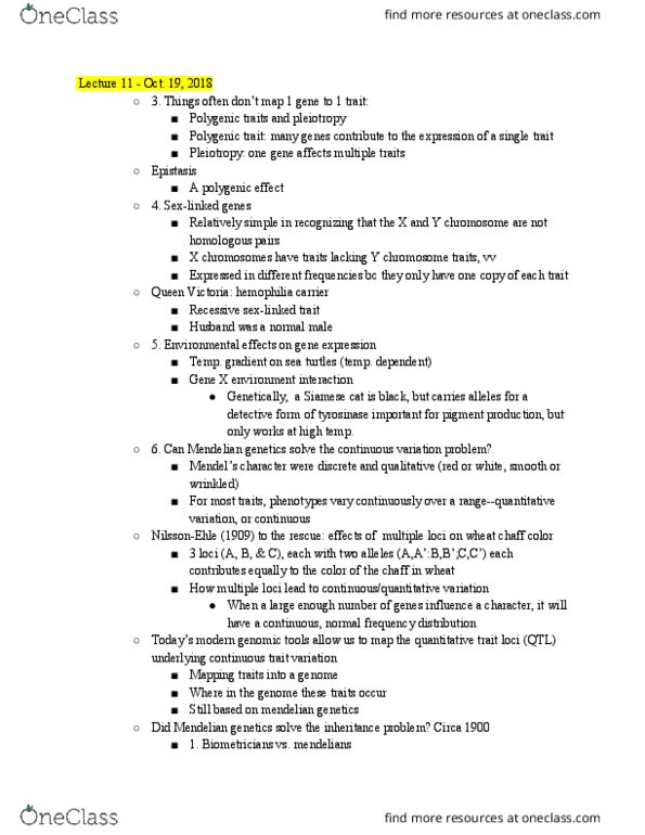 BIS 2B Lecture Notes - Lecture 11: Quantitative Trait Locus, Allele Frequency, Pleiotropy thumbnail