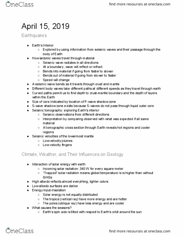 GEOL 100 Lecture Notes - Lecture 22: Seismic Tomography, Outer Core, Seismic Wave thumbnail