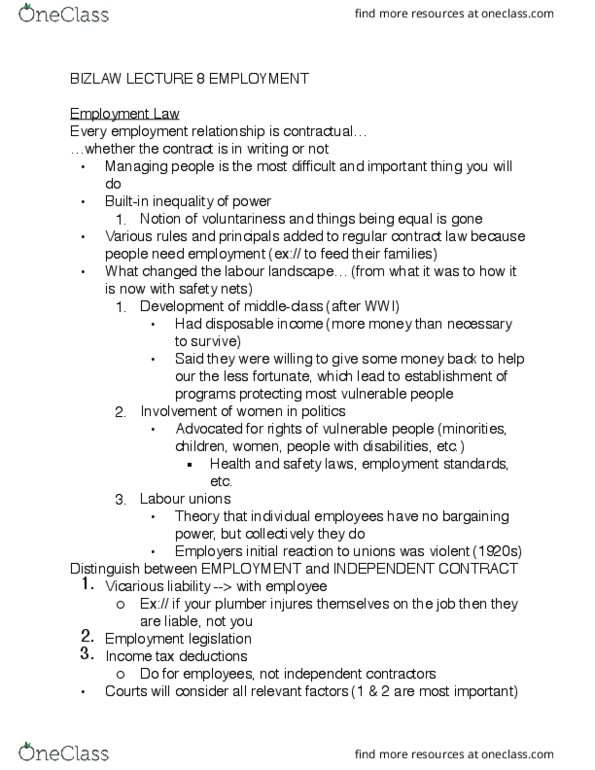 Management and Organizational Studies 2275A/B Lecture Notes - Lecture 8: Vicarious Liability, Independent Contractor, Income Tax thumbnail