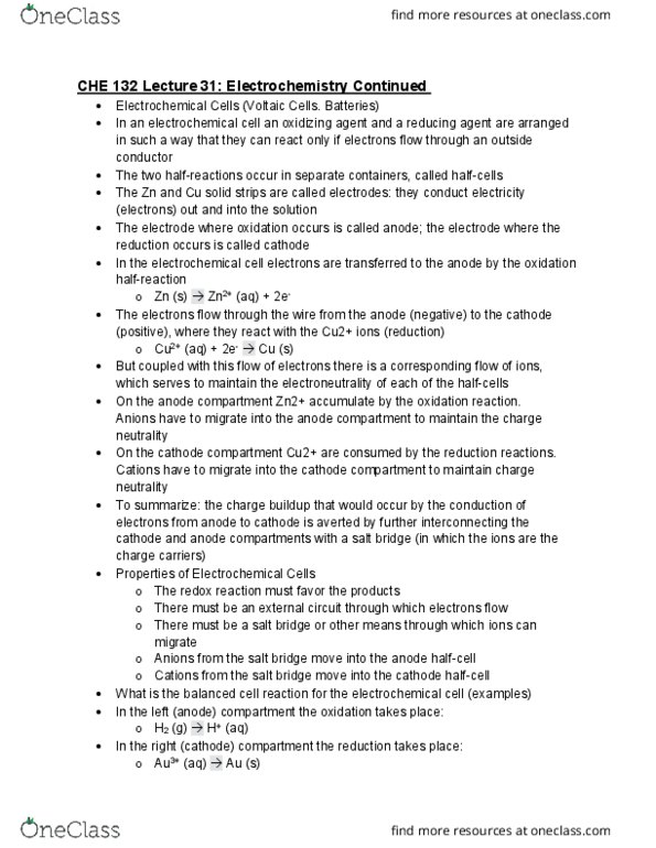 CHE 132 Lecture Notes - Lecture 34: Electrochemical Cell, Electrochemistry, Standard Hydrogen Electrode cover image