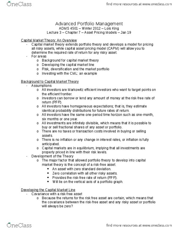 ADMS 4501 Lecture Notes - Capital Asset, Capital Market, Capital Asset Pricing Model thumbnail