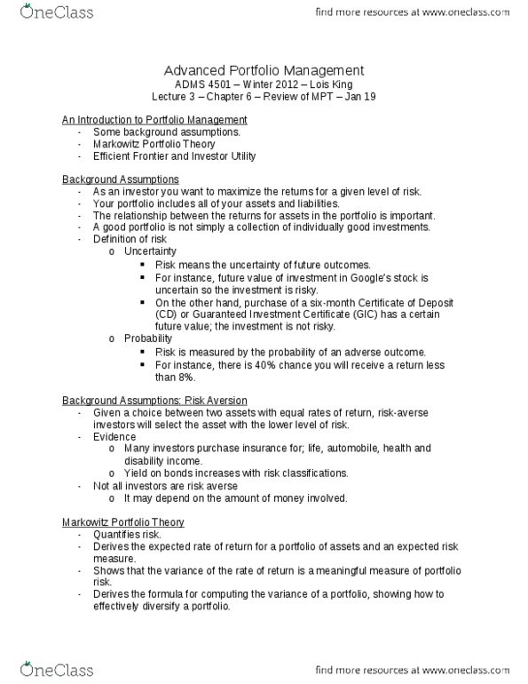 ADMS 4501 Lecture Notes - Guaranteed Investment Certificate, Marginal Utility, Risk Aversion thumbnail