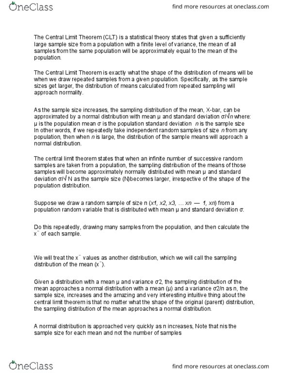 STT 212 Lecture Notes - Lecture 11: Central Limit Theorem, Standard Deviation, Sampling Distribution thumbnail