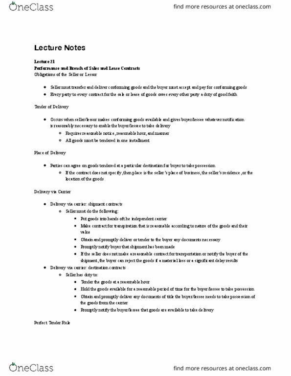 FIN 240 Lecture Notes - Lecture 21: Transpiration, Specific Performance, United Nations Convention On Contracts For The International Sale Of Goods thumbnail