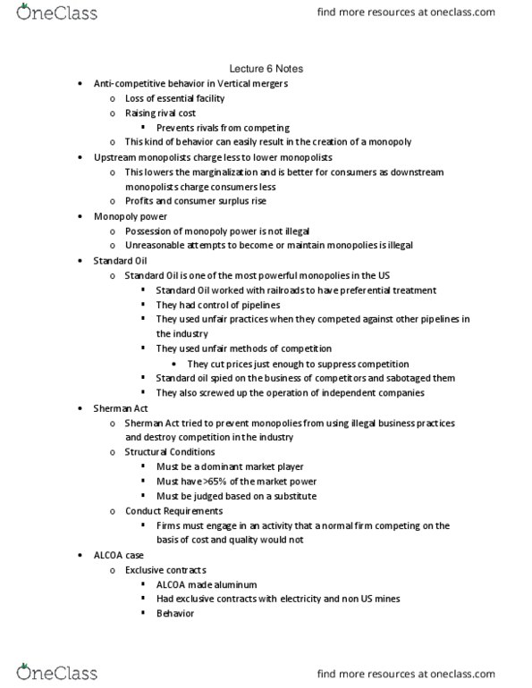 ECN 121B Lecture Notes - Lecture 6: Sherman Antitrust Act, Essential Facilities Doctrine, Alcoa thumbnail