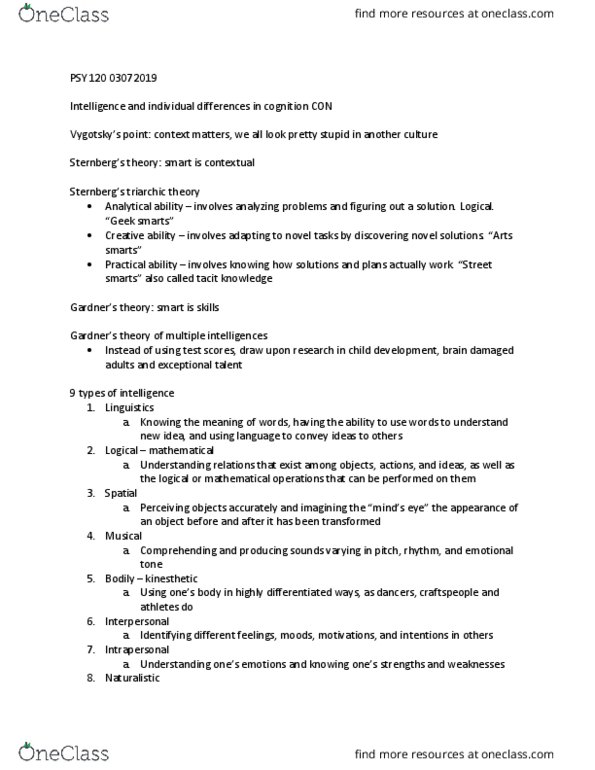 PSY 12000 Lecture Notes - Lecture 18: Tacit Knowledge, Theory Of Multiple Intelligences, Psy thumbnail