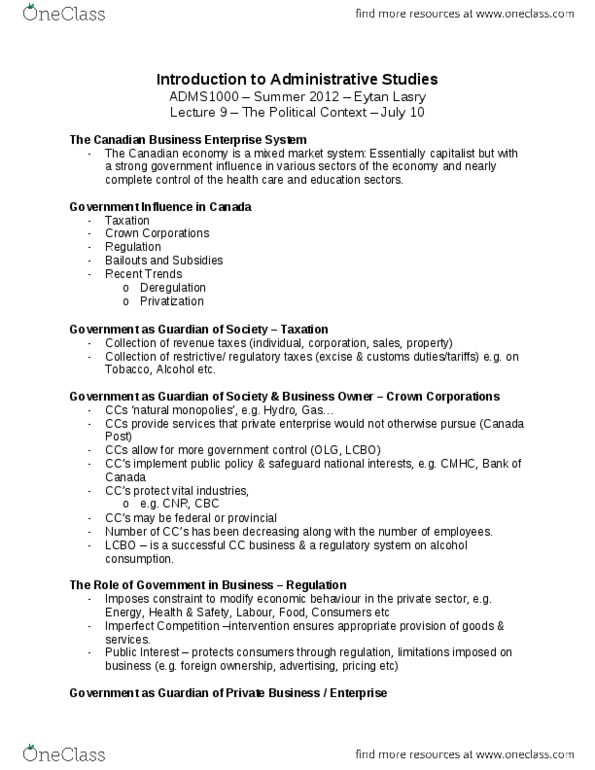 ADMS 1000 Lecture Notes - Liquor Control Board Of Ontario, Canadian Business, Natural Monopoly thumbnail